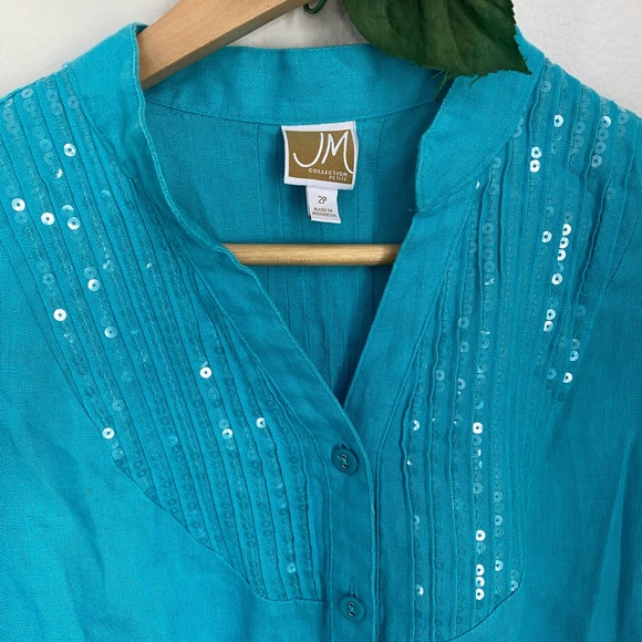 JM • Stunning Turquoise 100% Linen Sequence Pleated Buttoned Top - Picture 3 of 13